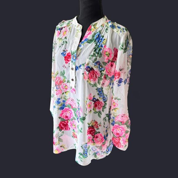 Alice Blue Stitch Fix Sheer vivid chiffon floral blouse boho chic cottagecorew - Picture 2 of 8